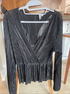 ASOS Black Metallic Pleated Wrap-Front Blouse